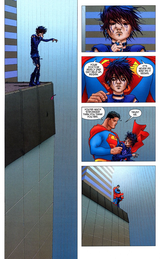 A goth girl stands on the ledge of a tall building. She drops her phone, closes her eyes and prepares to jump. Superman appears behind her and tells her her doctor was really held up and that's she is stronger than she thinks she is. They hug